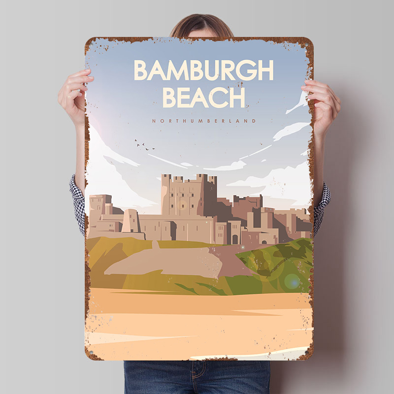 Travel Accessories For Europe - Poster Perjalanan Pantai Bamburgh Northumberland Tanda